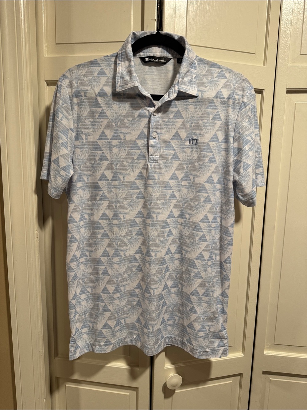 Travis Mathew Pale Blue & White Geometric Polo